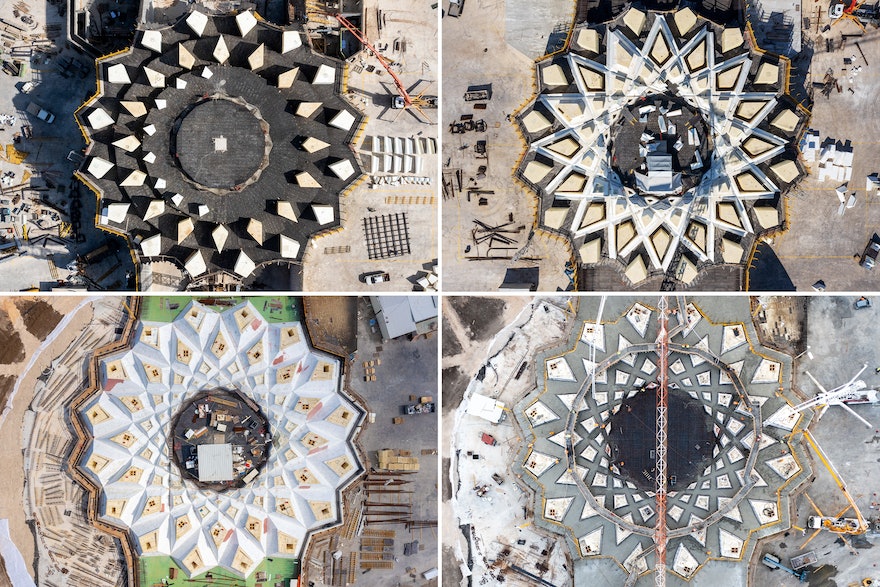 A series of images showing the different stages of constructing the trellis, beginning with building the EPS formwork and ending with the concrete being poured into the forms.