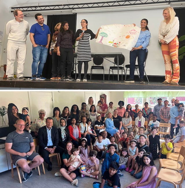 Top: Bahá’í community-building activities have given rise to different initiatives that enable people of diverse backgrounds to form bonds of friendship, as seen here in one of many neighborhood ‘family festivals.’; Bottom: A neighborhood gathering in which young people explored insights from their experience in serving their society. The gathering was visited by Anders Österberg (left) and Anders Ygeman (second from left), who at the time were respectively, a member of Sweden's Parliament and the Minister for Integration and Migration.